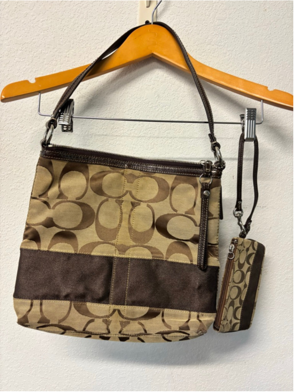 Coach Brown & Beige Signature Canvas Shoulder Bag & Coin Purse Y2K